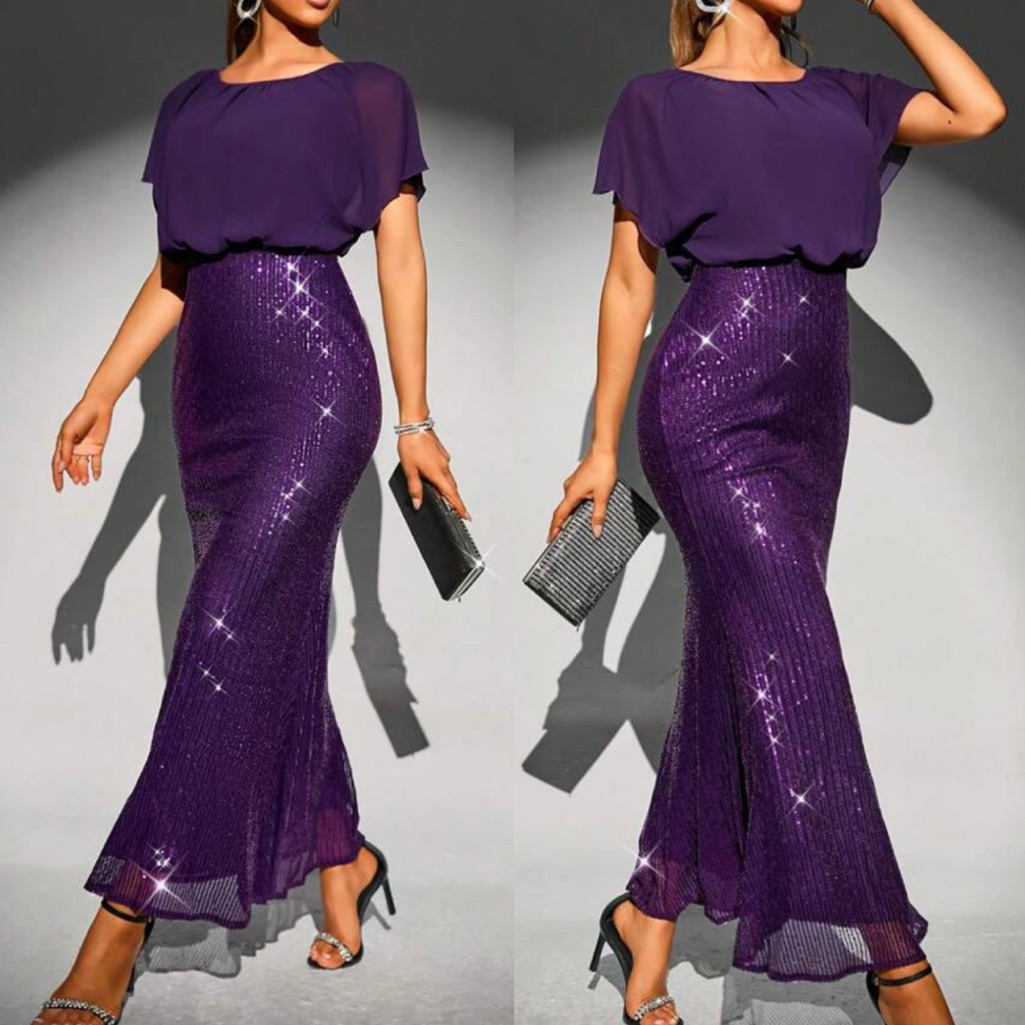 Luxe Batwing Sleeve Mermaid Hem Prom Party Sequins Dress